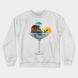 Slow loris. Cheers! Fat and funny is sitting in a cocktail glass with cocktail umbrella Crewneck Sweatshirt